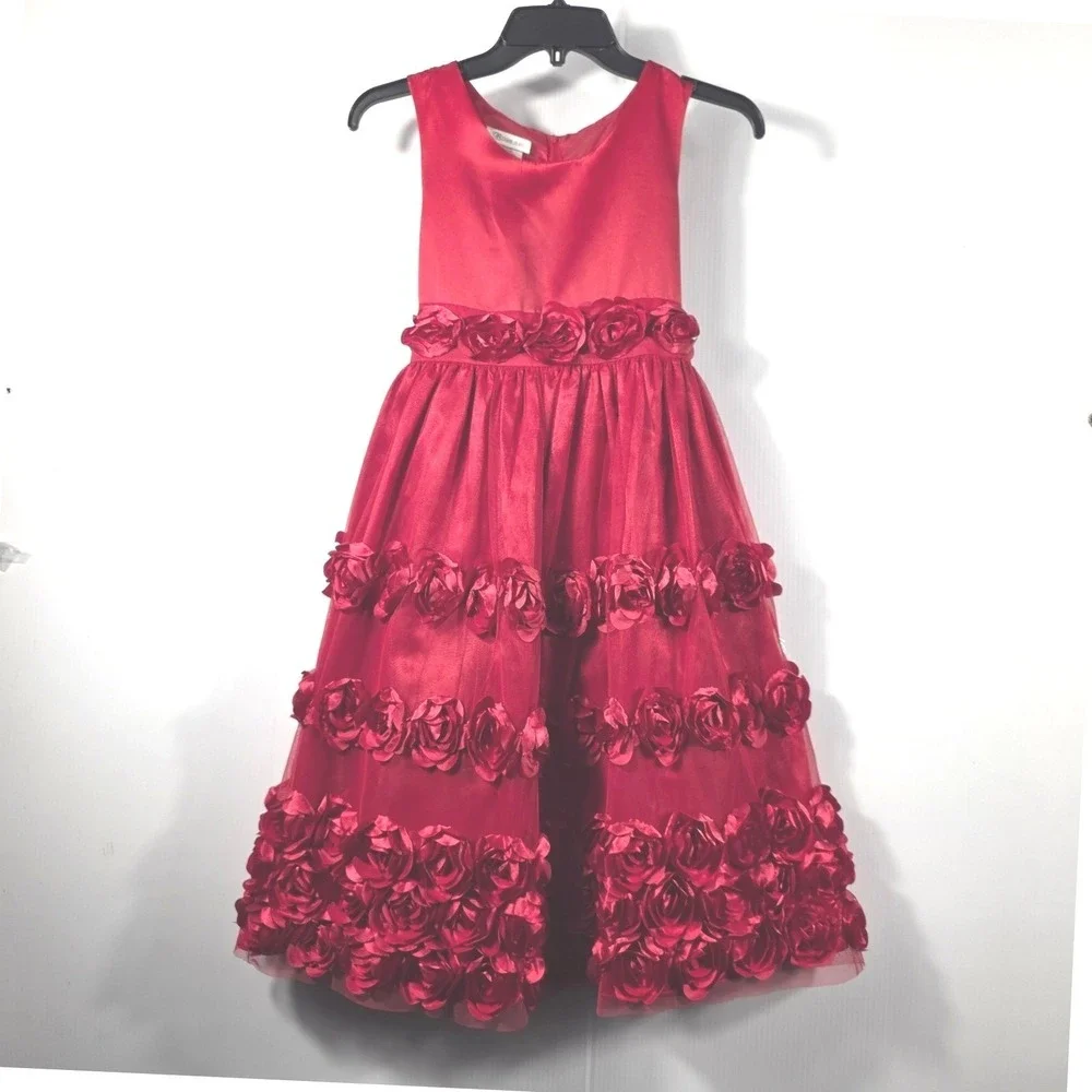 Bonnie Jean Girls Red Rosette Tiered Tulle Formal Party Dress Size 12 X44164-DV